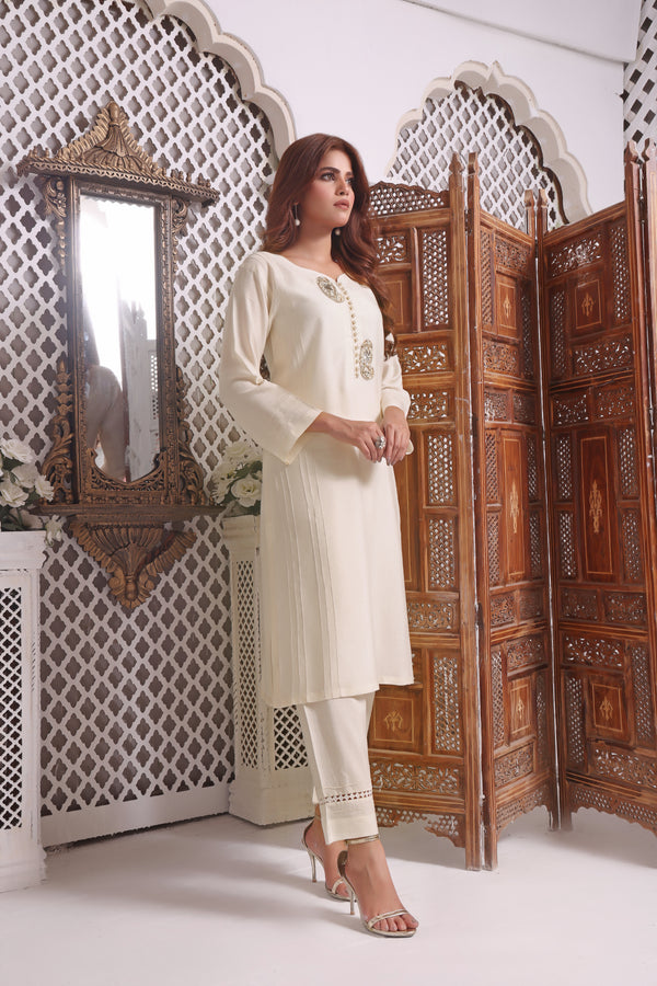 2 Piece  Cream Suit - Cotton Net Embellished Lace work (Stitched)