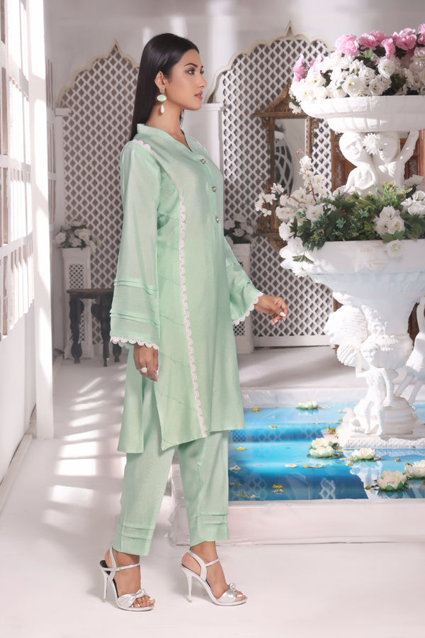 2 Piece Light Green Suit -  Cotton Net Embellished Lace work (Stitched)