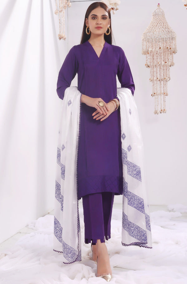 3 Piece Stitched Silk Purple Suit - CYRUS