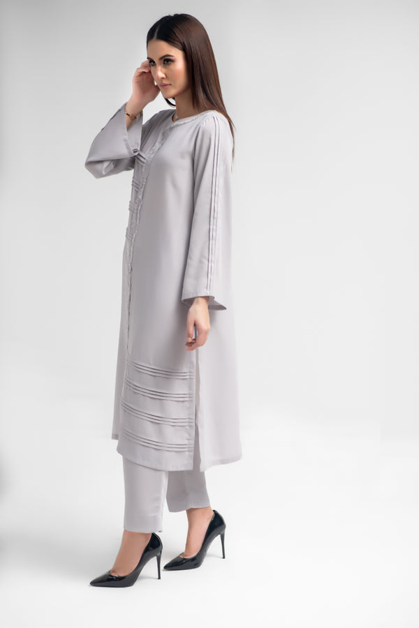 2 Piece Stitched Georgette Light Gray Suit - ZOEY